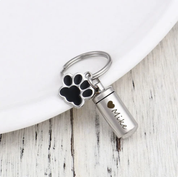 Paw Print Charm & Cylinder Memorial Urn Keychain
