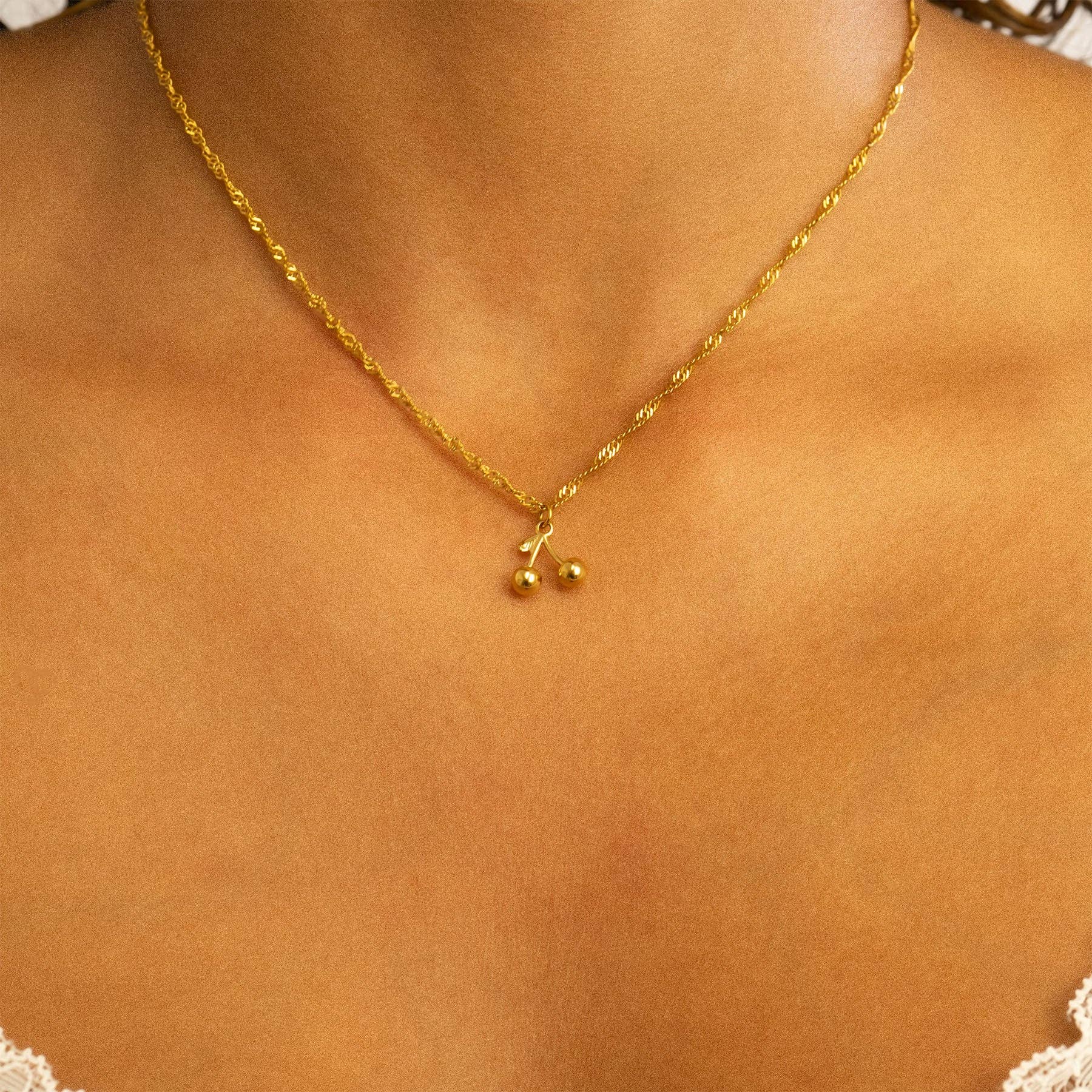 18K Gold PVD Stainless Steel Cherry Charm: Gold