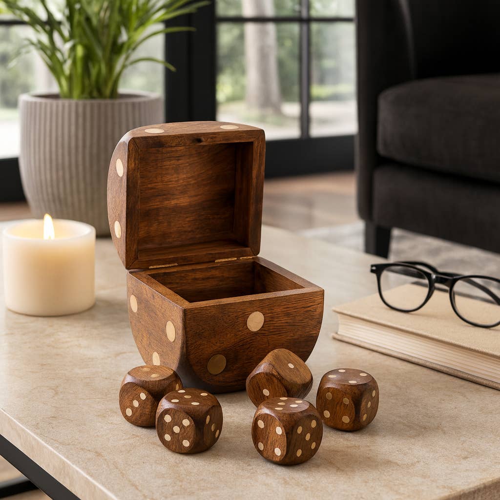 Mango Wood Dice Set | Brass Inlay Storage Box, 4 in.