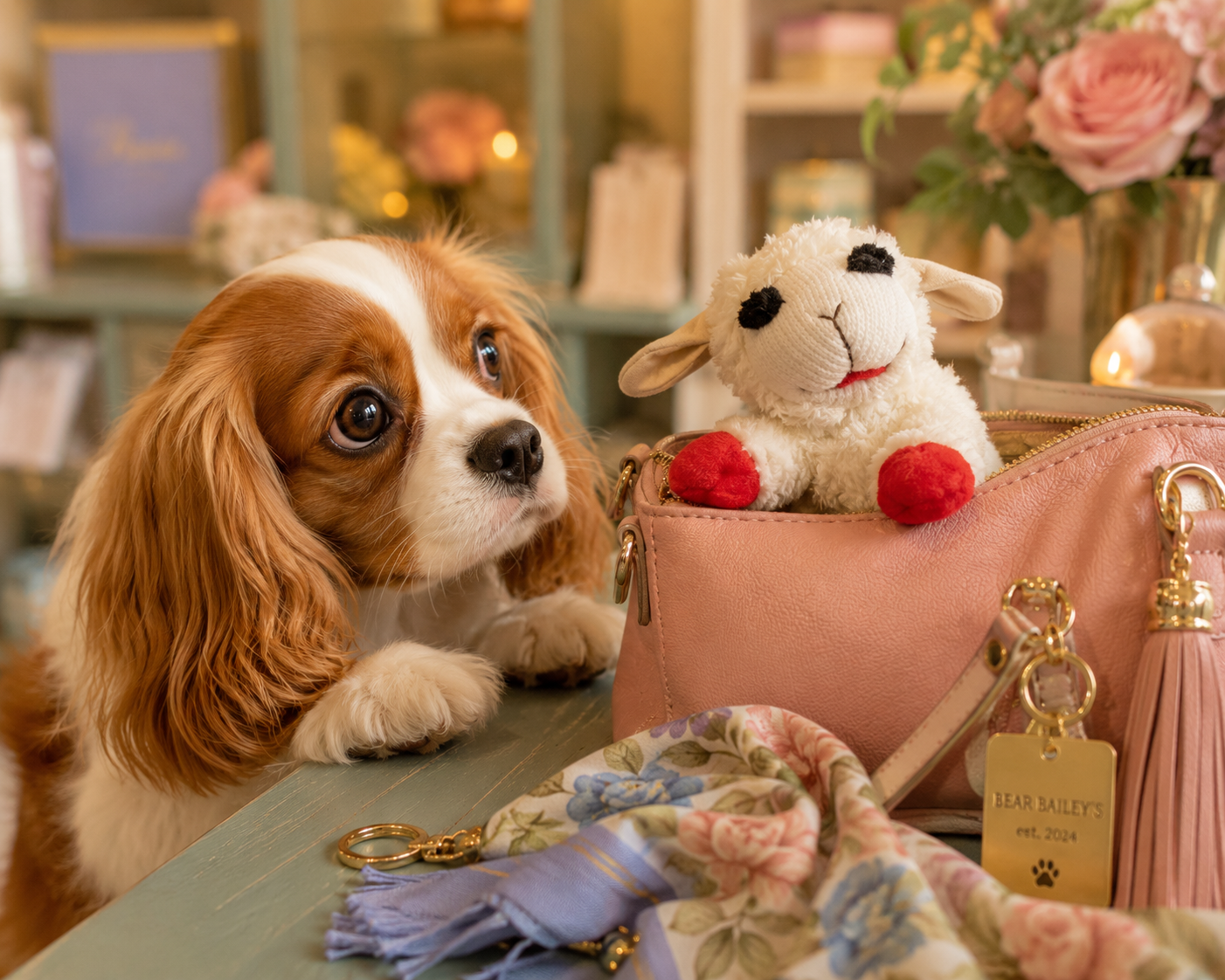 Dog with a pink handbag containing a stuffed toy, with a blurred background of flowers and shelves.