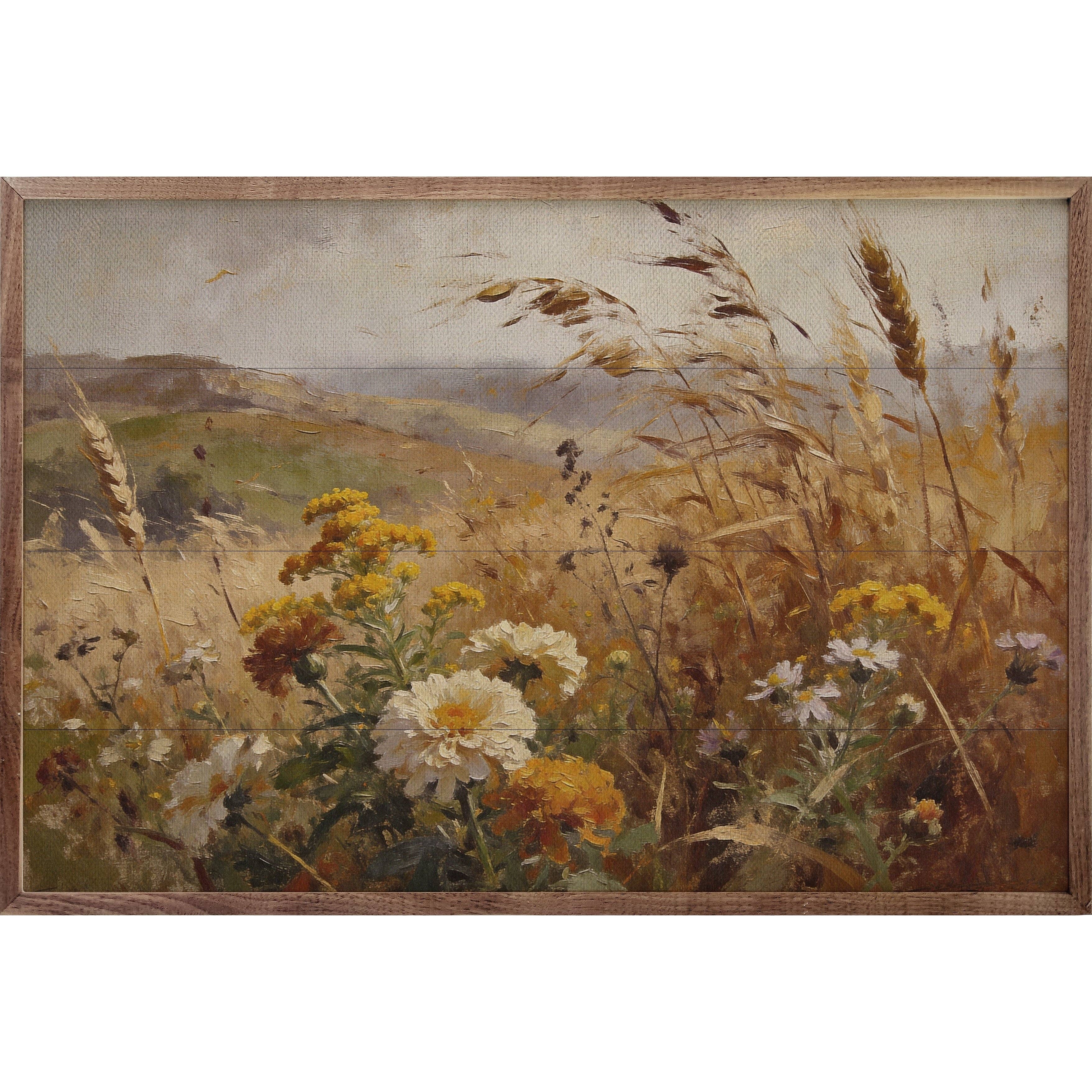 Painting of a field with wildflowers and grasses, framed in wood.