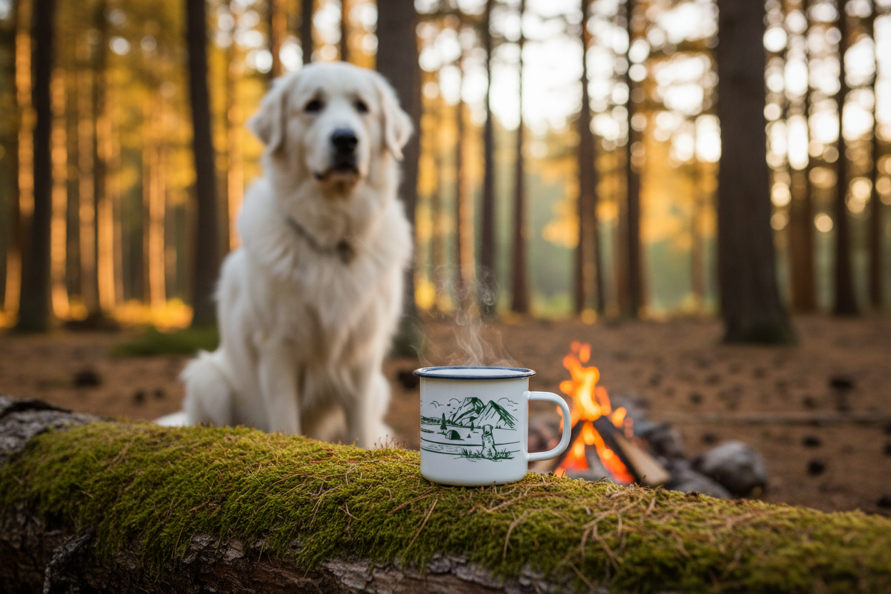 Homeward Camping Tin Mug with Great Pyrenees at campfire
