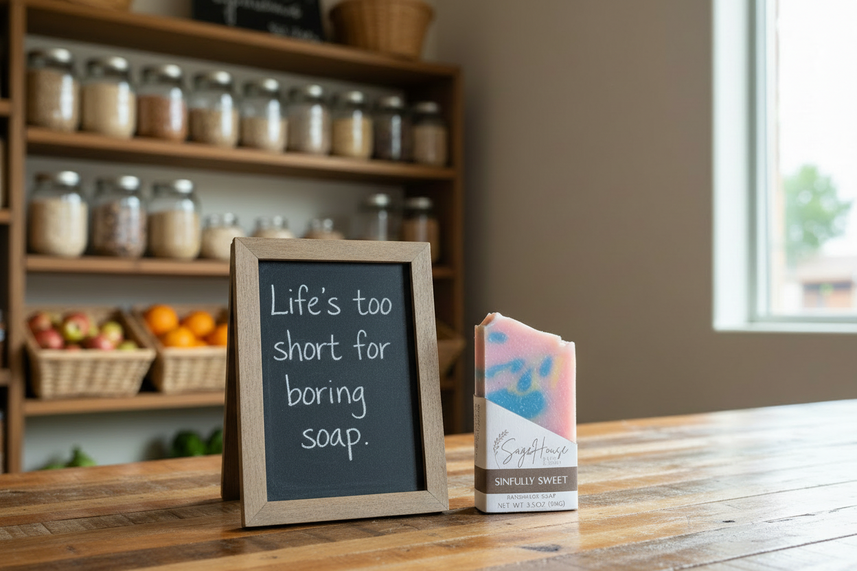 A rustic chalkboard sign reading 'Life's too short for boring soap.' beside Sinfully Sweet rainbow soap bars at Bear Bailey's Co-op.