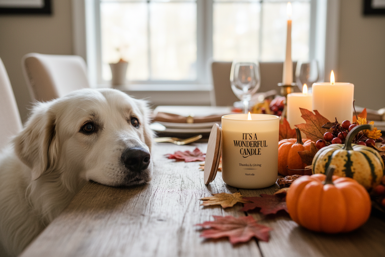 Thanks & Giving Candle – Great Pyrenees Peeking Over Thanksgiving Table