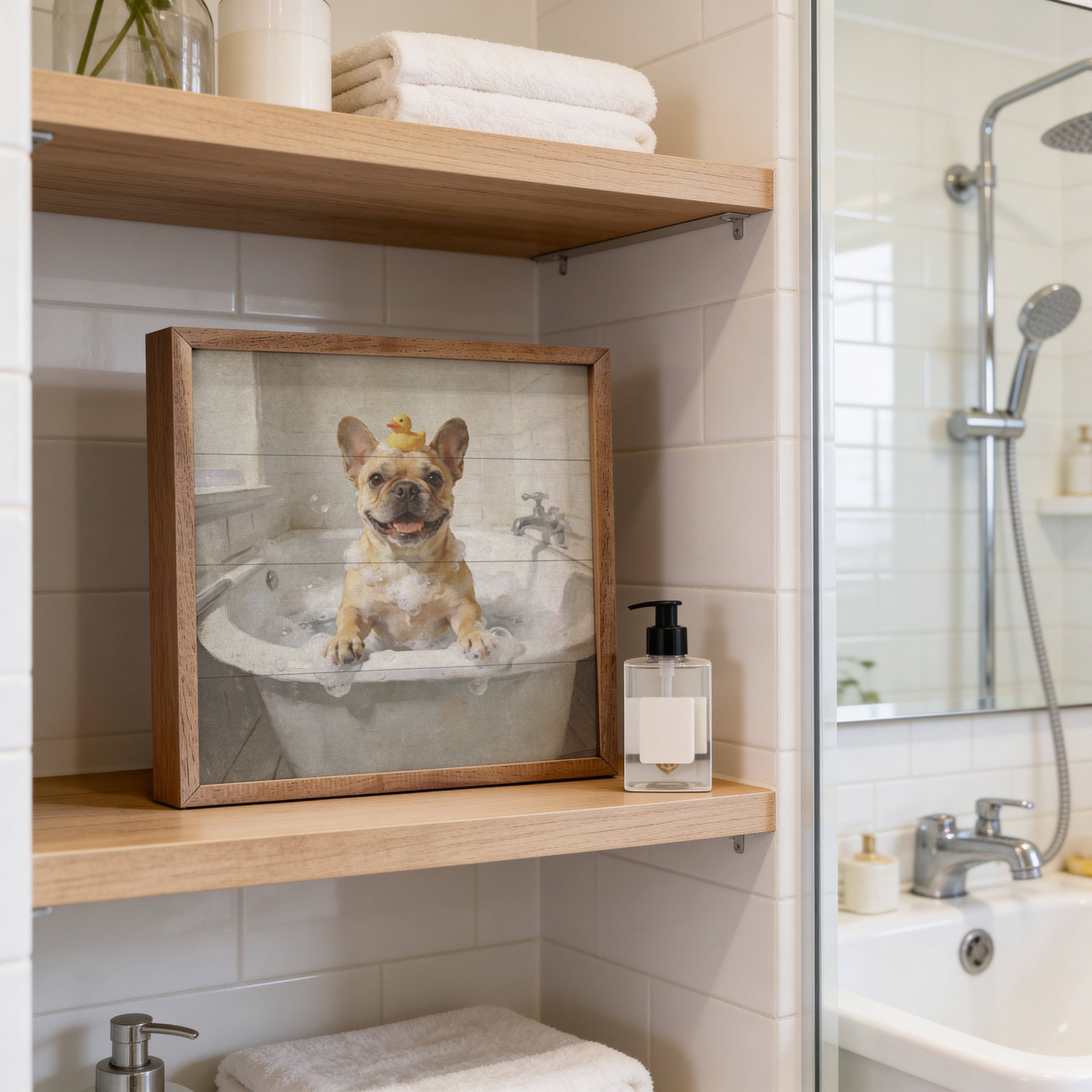 Bath Time French Bulldog — Framed Wall Art, 8x8