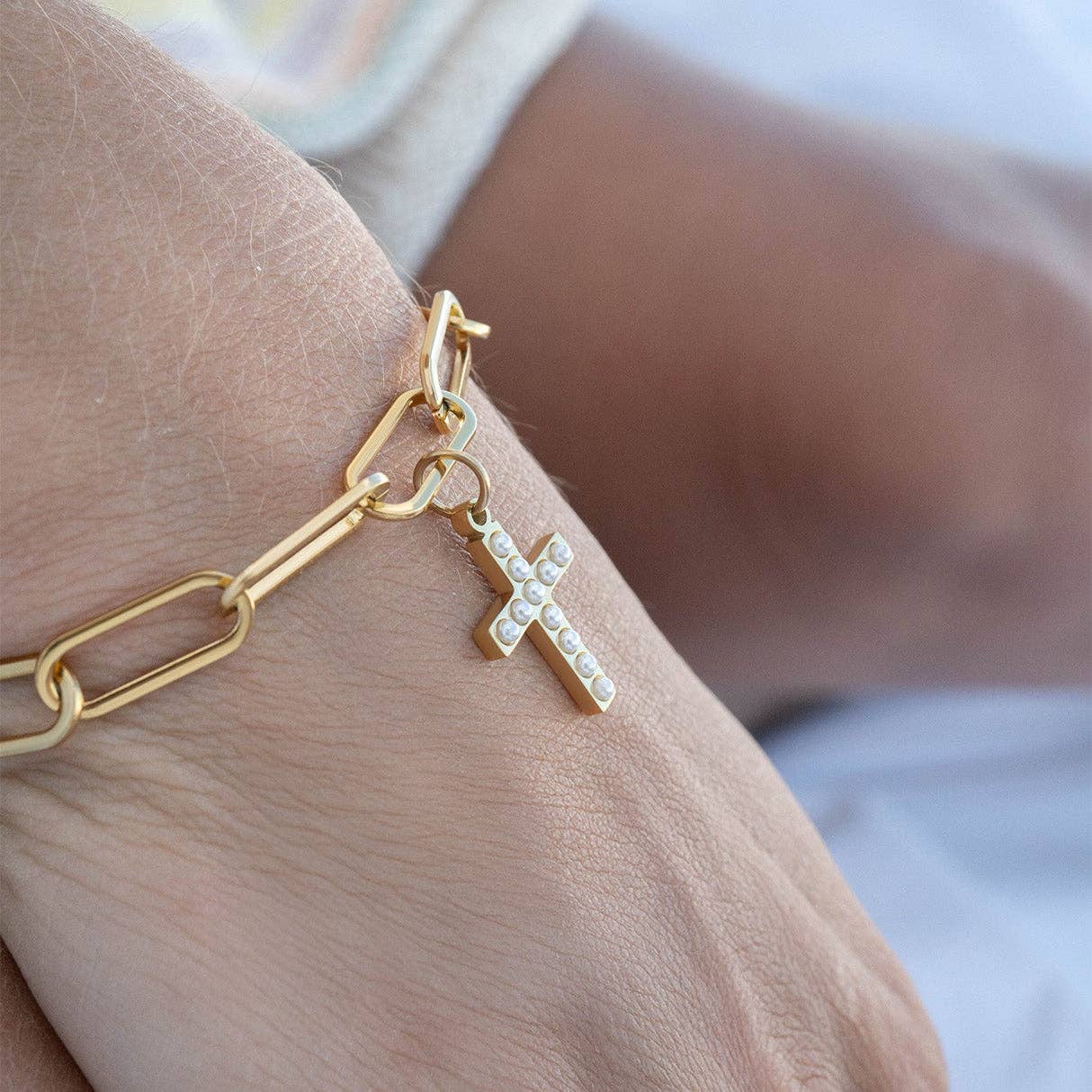Pearl Beaded Cross Charm in Gold