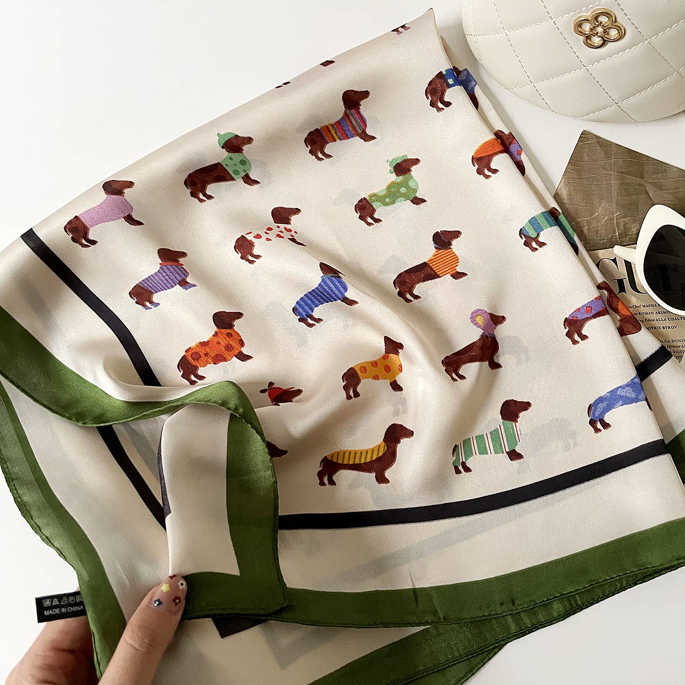 Dachshund Print Pet Bandana Scarf – Green