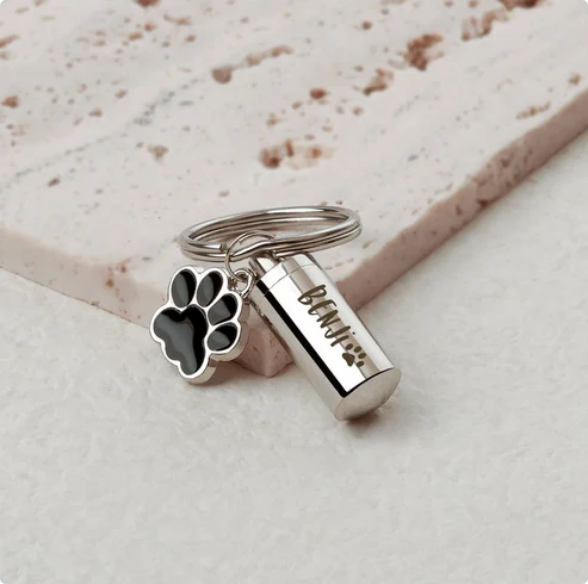 Paw Print Charm & Cylinder Memorial Urn Keychain