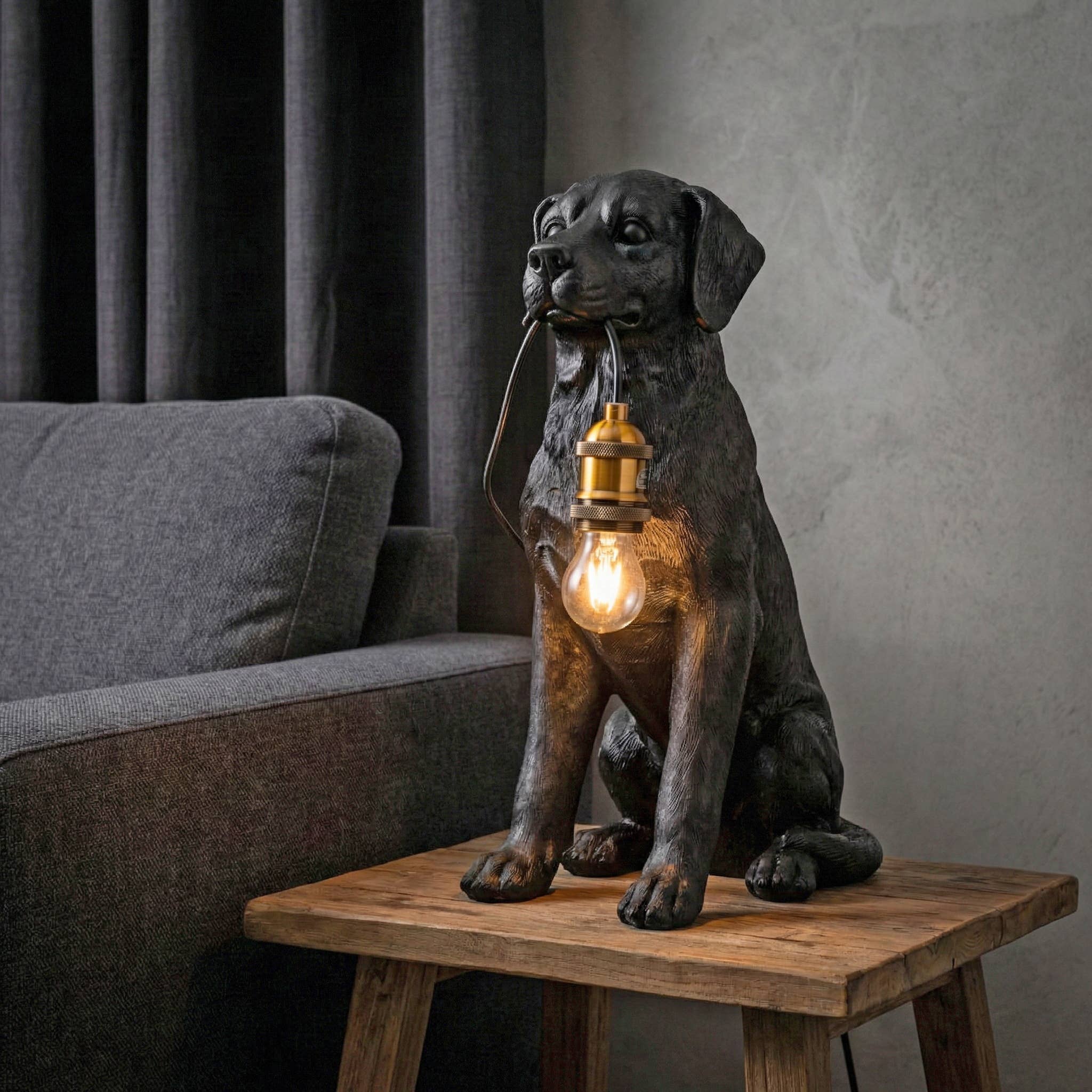 Black Labrador Holding Lightbulb Resin Table Lamp | Black & Gold, 18 in.