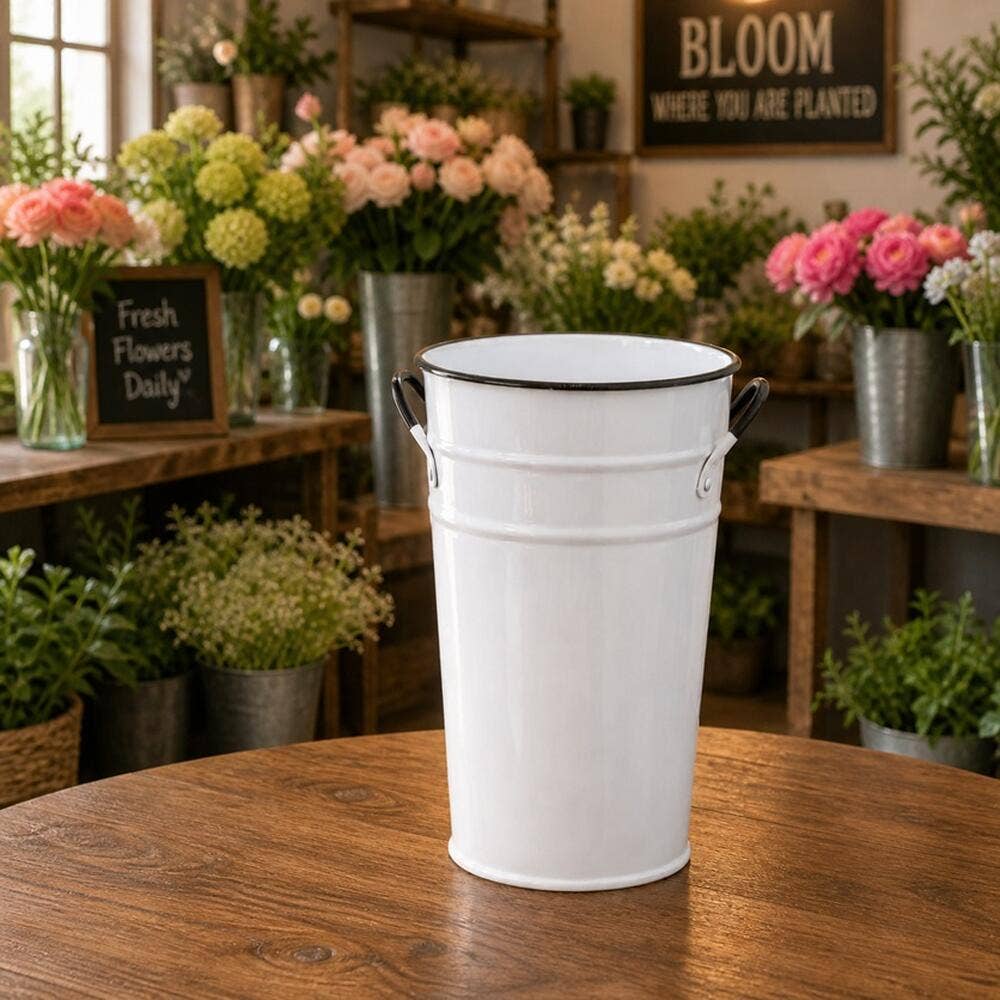 11" White Enamelware Metal French Floral Bucket