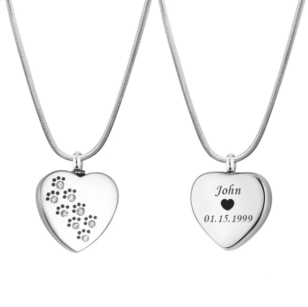 Heart Crystal Dog Paws Memorial Urn Necklace