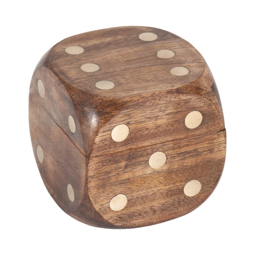 Mango Wood Dice Set | Brass Inlay Storage Box, 4 in.