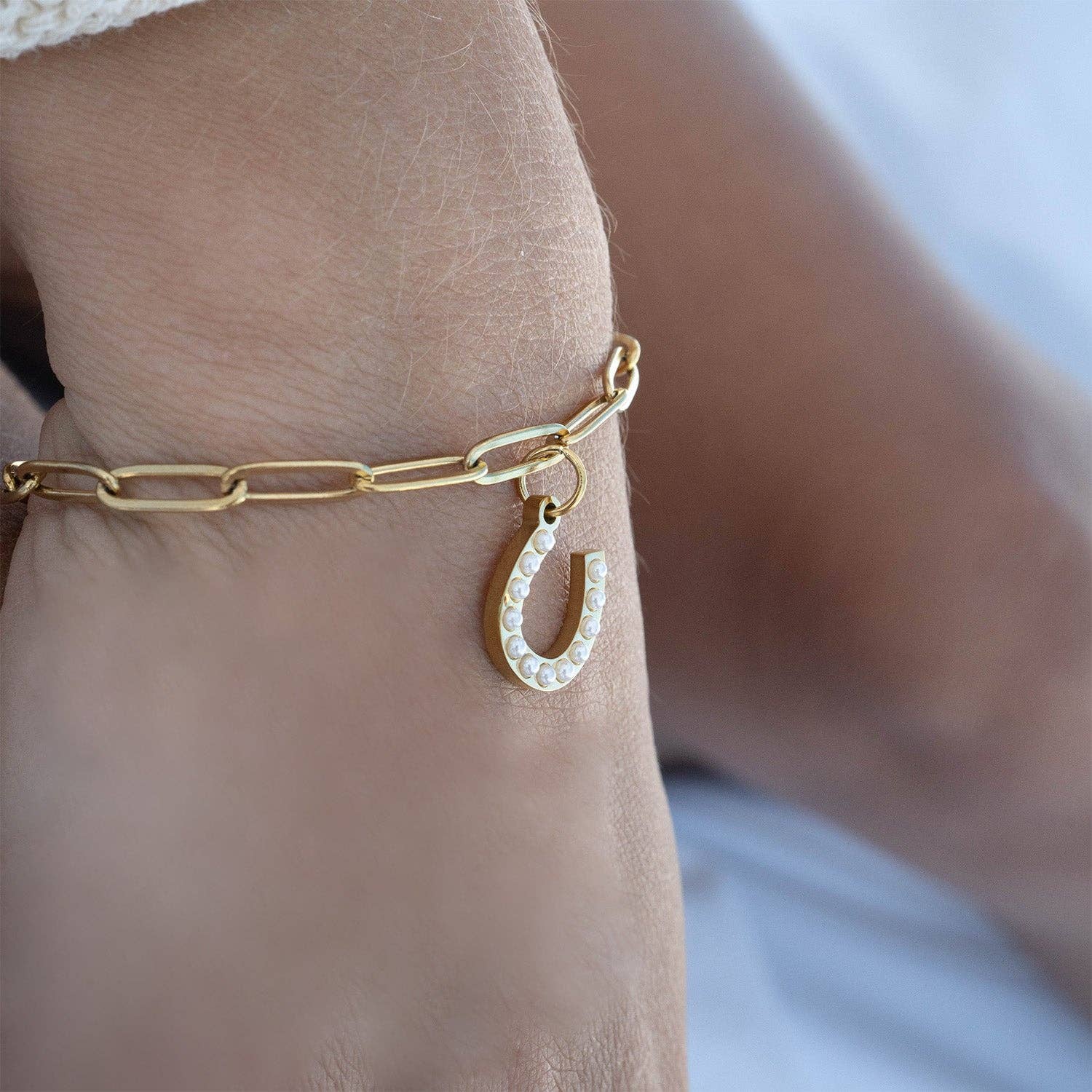 Pearl Beaded Horseshoe Charm in Gold