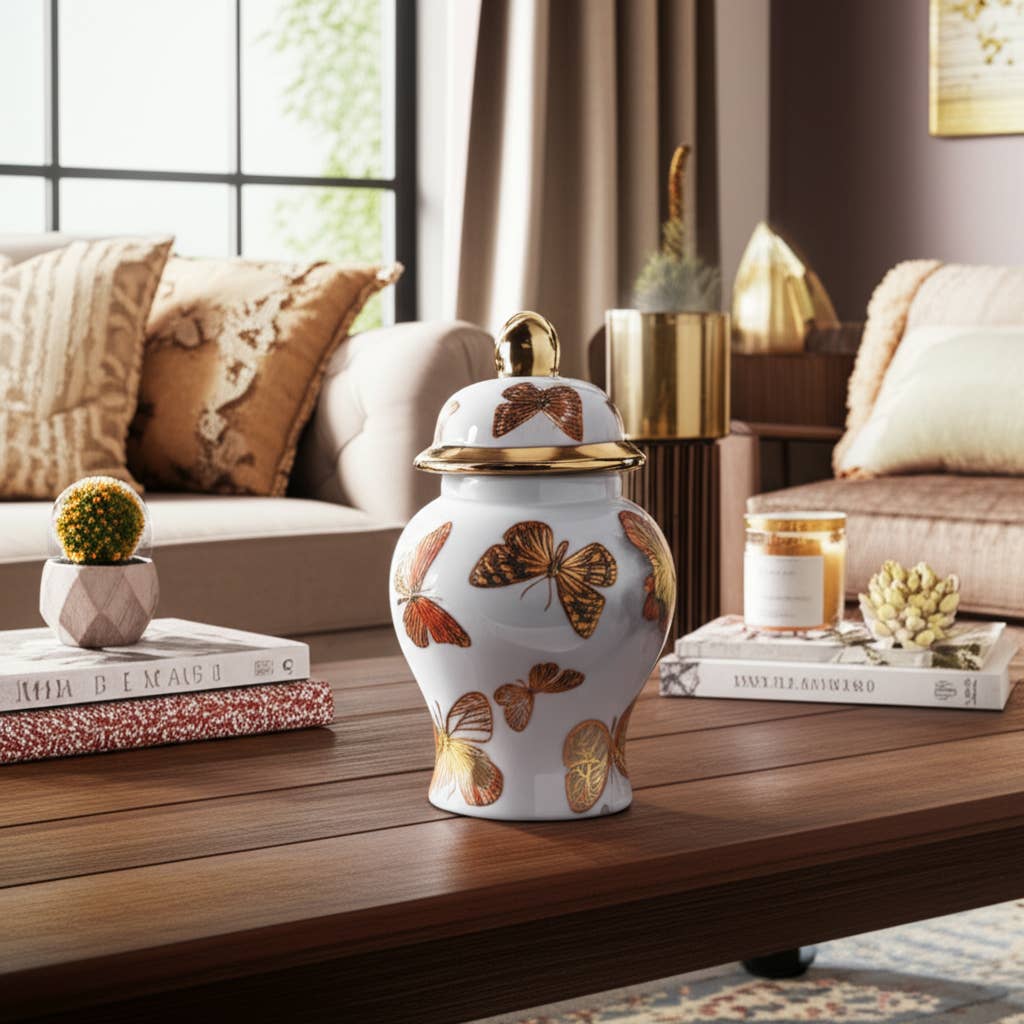 Butterfly Garden Porcelain Jar | White & Gold, 8 in.
