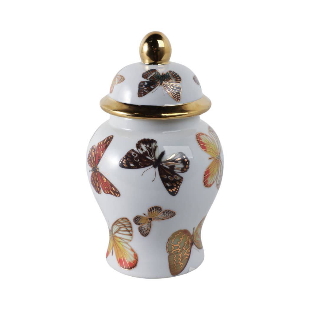 Butterfly Garden Porcelain Jar | White & Gold, 8 in.