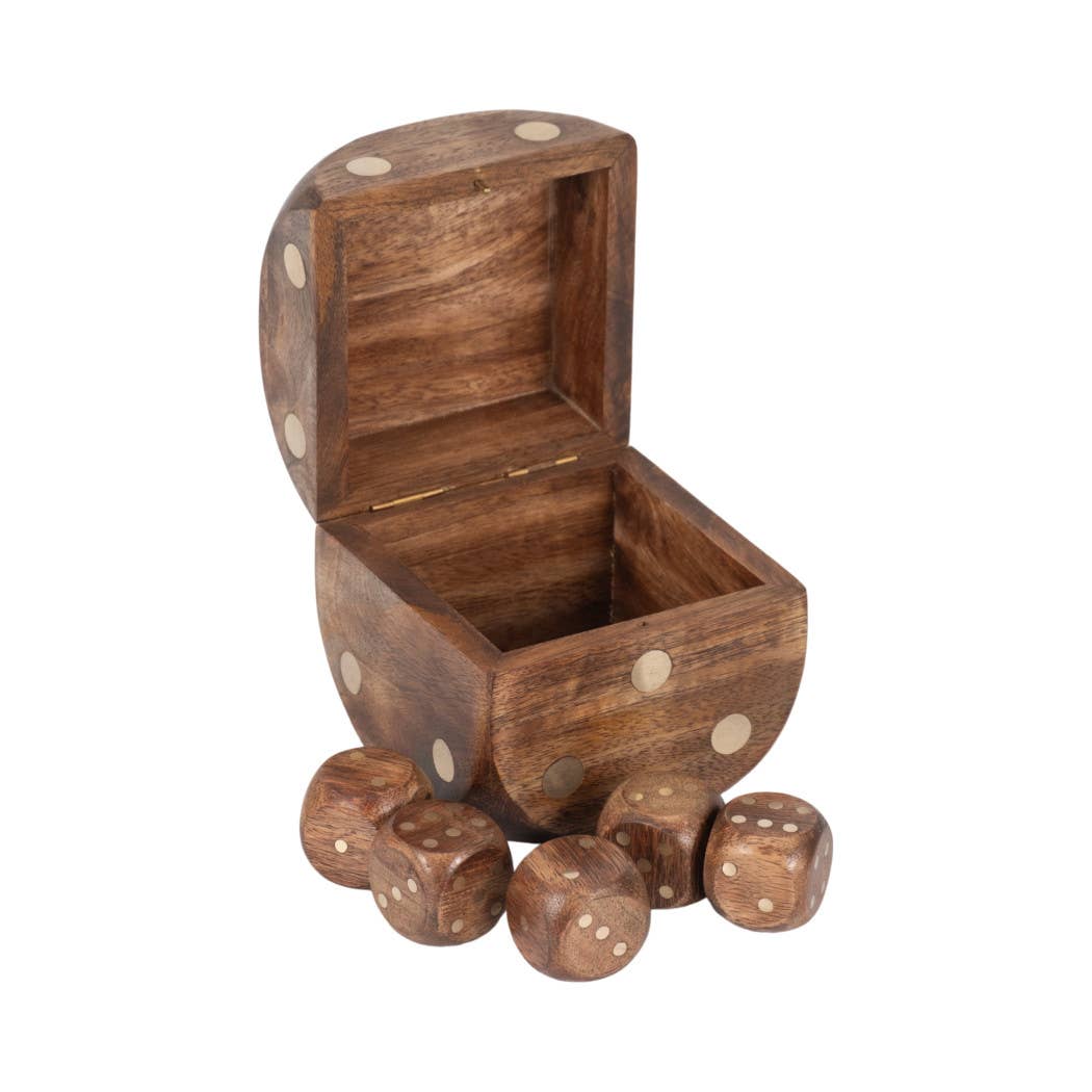 Mango Wood Dice Set | Brass Inlay Storage Box, 4 in.