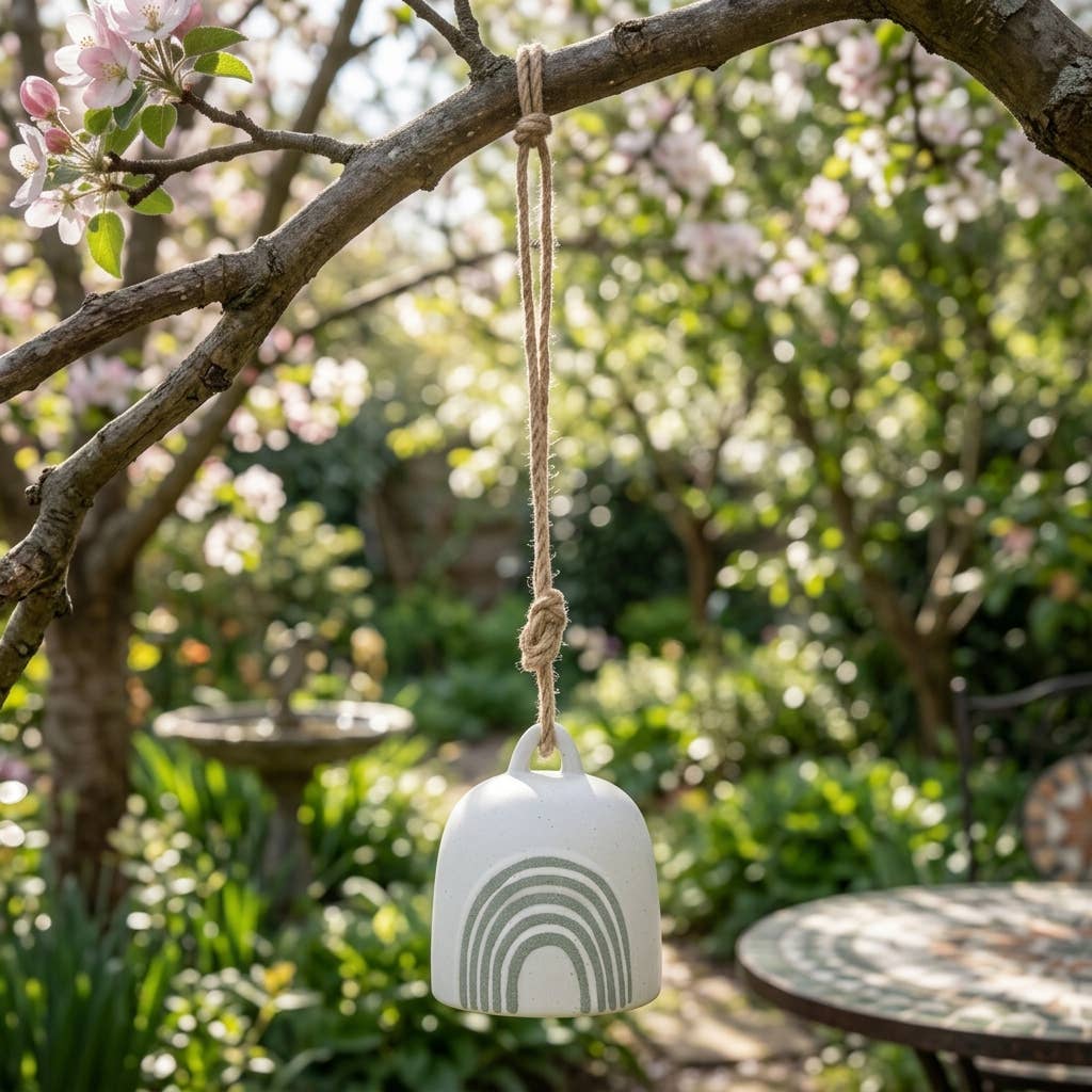 White Ceramic & Jute Wind Bell with Rainbow, 4 in.
