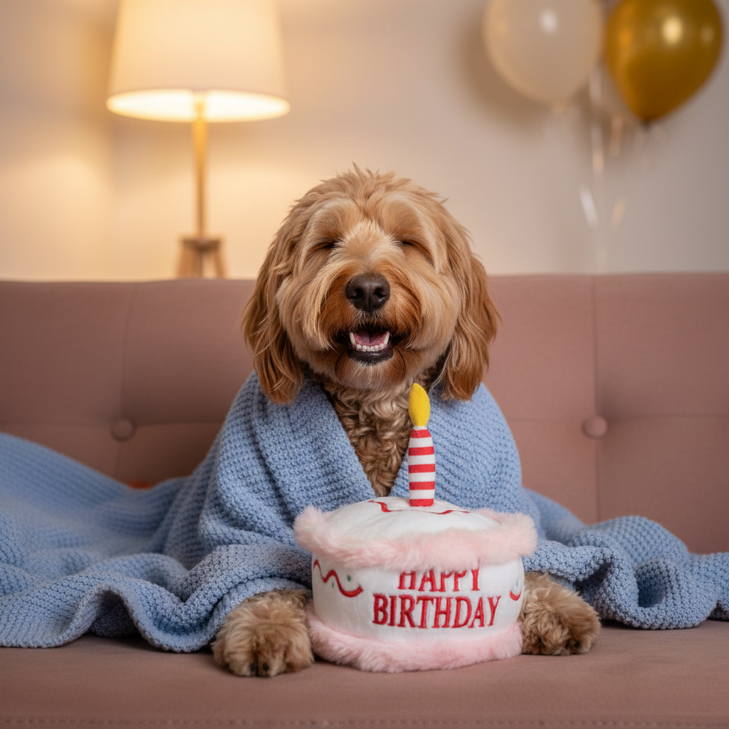 Dog with Prominent Birthday Cake Toy