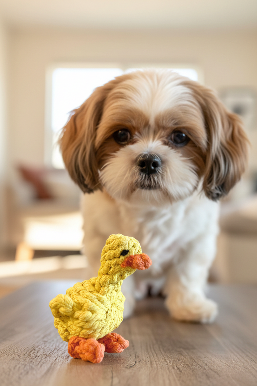 Duckling toy with small dog in background