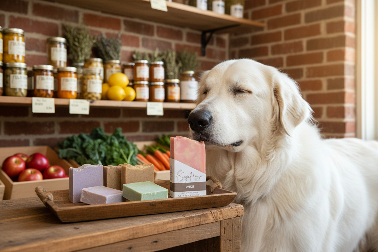 Great Pyrenees smiling at Wishes Soap - head safely attached