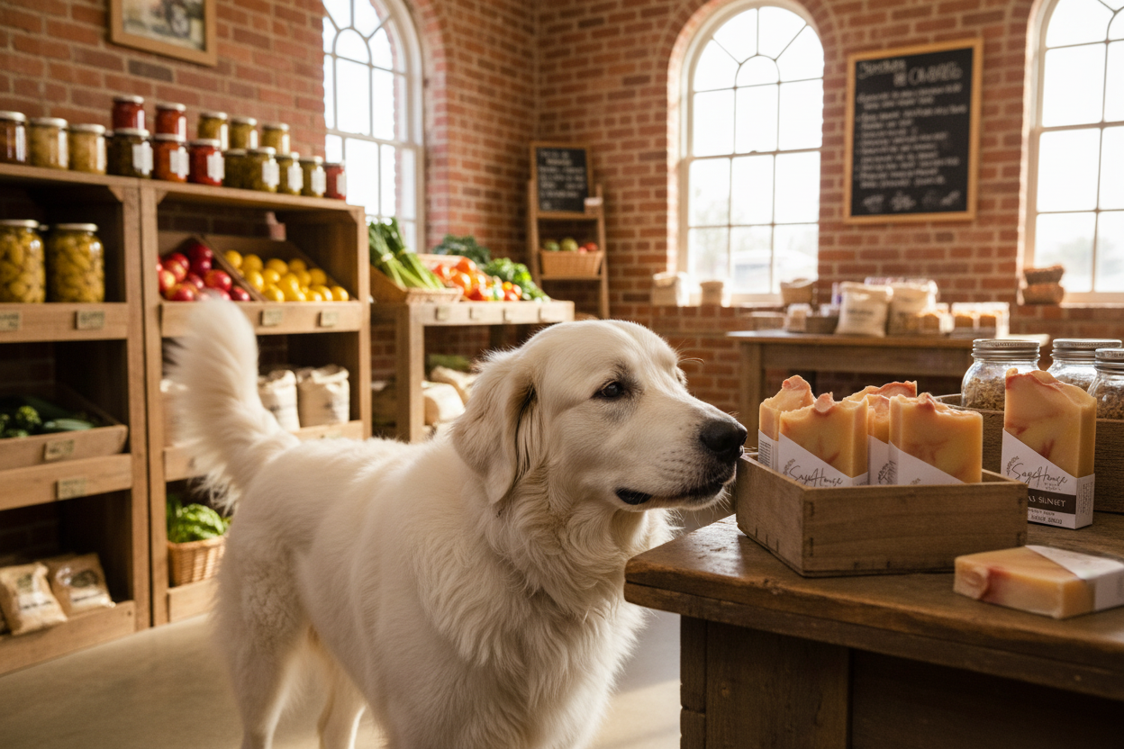 Great Pyrenees sniffing Kansas Sunset Soap at the co-op