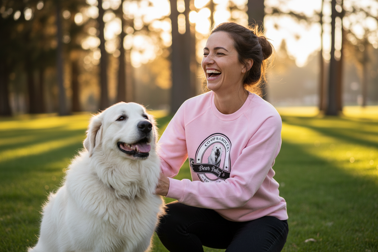 Lifestyle - Woman in Pink Crew with Great Pyrenees