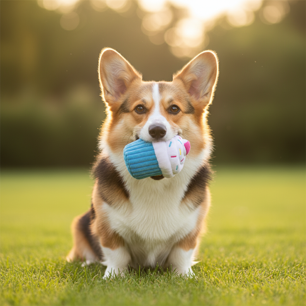 Realistic Corgi with Blue Cupcake Toy